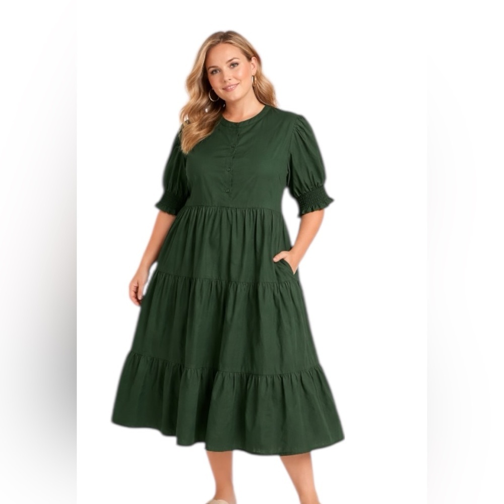 En Saison Green Tiered Dress Puff Sleeve Empire Waist Size XL